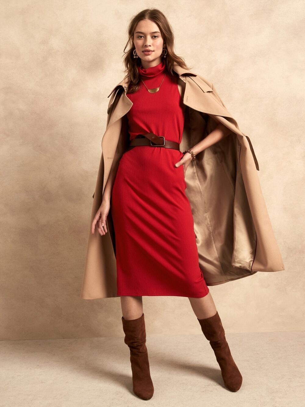 Banana Republic Ribbed Mock-Neck Midi Dress,Red Sunset SIZE SP S P #748585 W0913